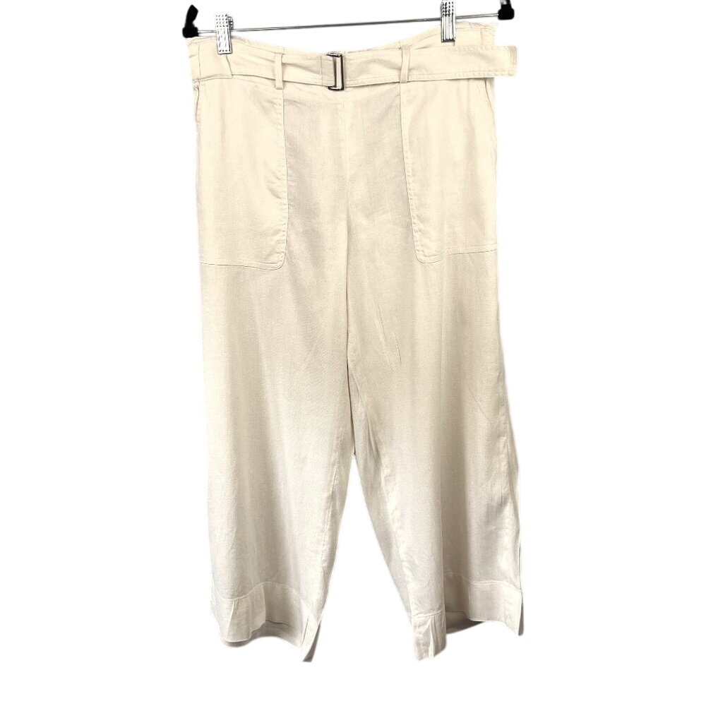 Vince Linen Blend‎ Offwhite Belted Wide Leg Crop Pullon Trouser Pant Size 6